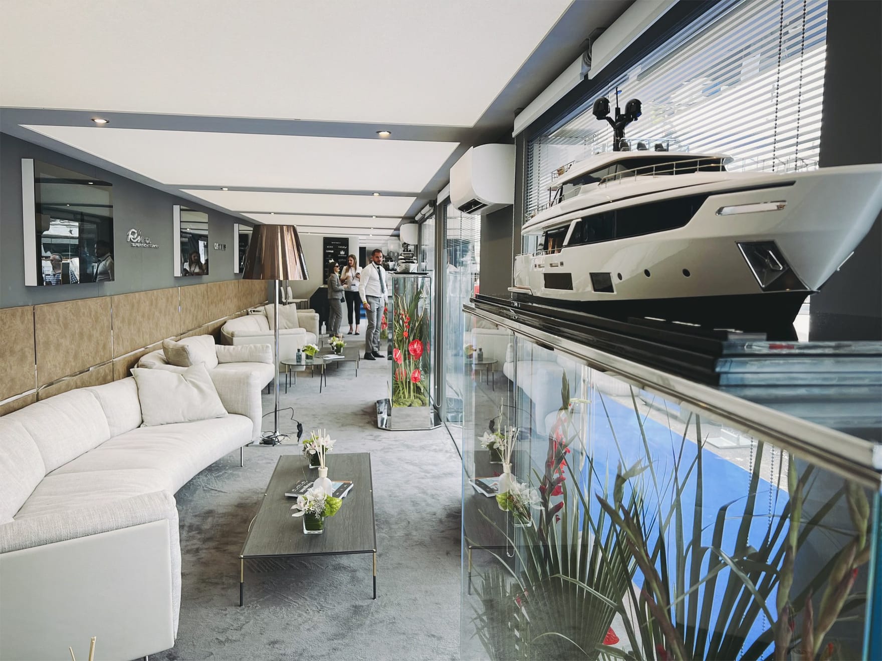 Aerial view of the Genoa boat show with yachts berthed along the show quays