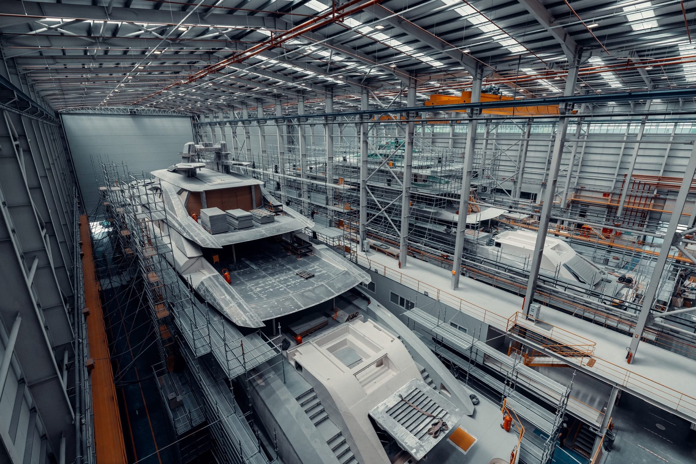 Yacht under construction in a shipyard